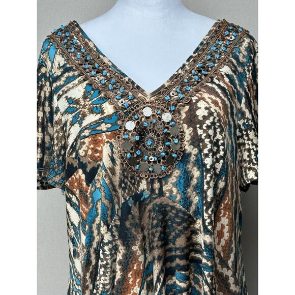 Dressbarn Women’s Blouse Beaded Neckline 18/20 Handkerchief Hemline Turquoise - Picture 2 of 11